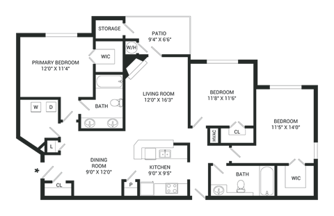 Floor plan for 3 beds, 2 baths, 1384 sqft